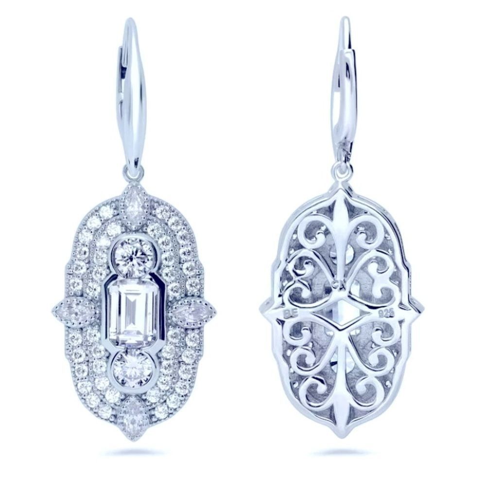 BNIB!! BERRICLE STERLING SILVER RHODIUM PLTD CZ ART DECO MILIGRAIN EARRINGS!